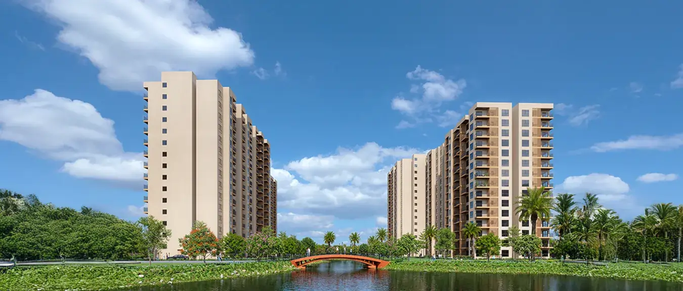 Birla Trimaya — Living room with sunset lake view